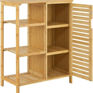 wholesale bamboo bathroom storage cabinet, 3 tier shelves with door, free standing storage decorate cabniet for home bathroom